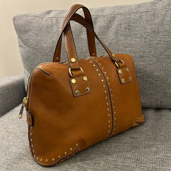 NEW Vintage Michael Kors Astor Studded Leather Satchel Bag Camel Gold Hardware - Picture 13 of 16